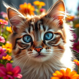A highly detailed and artistic close-up of a cat's face, capturing its vivid blue eyes and soft, whiskered features