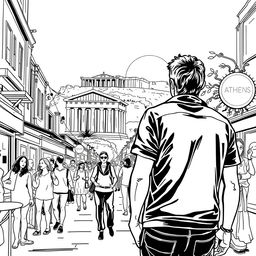 A man experiencing a nightlife adventure in Athens, Greece, depicted in a stylized black and white line drawing