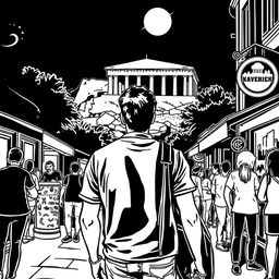 A man experiencing a nightlife adventure in Athens, Greece, depicted in a stylized black and white line drawing