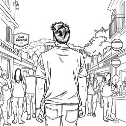A man experiencing a nightlife adventure in Athens, Greece, depicted in a stylized black and white line drawing
