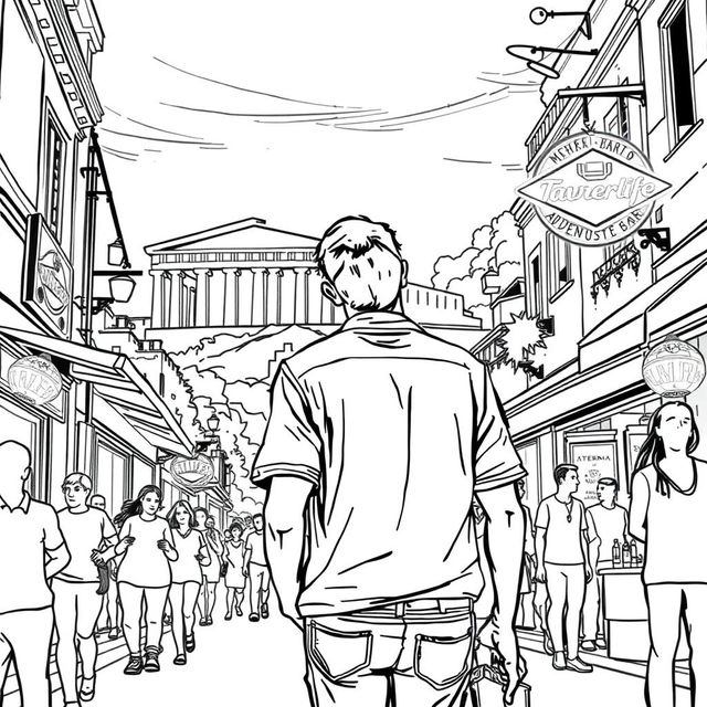 A man experiencing a nightlife adventure in Athens, Greece, depicted in a stylized black and white line drawing