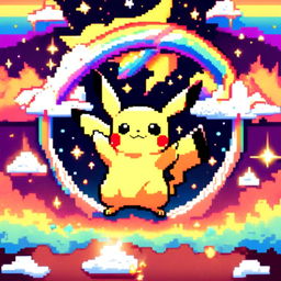 Pixel art profile picture featuring Pikachu against a cosmic background with a vibrant rainbow.