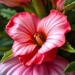 a close-up artistic depiction of a flower resembling the shape of a vagina, showcasing intricate details of petals, vibrant colors such as pink and red, and surrounded by green foliage, with soft lighting highlighting the textures and shapes, conveying a sense of beauty and femininity