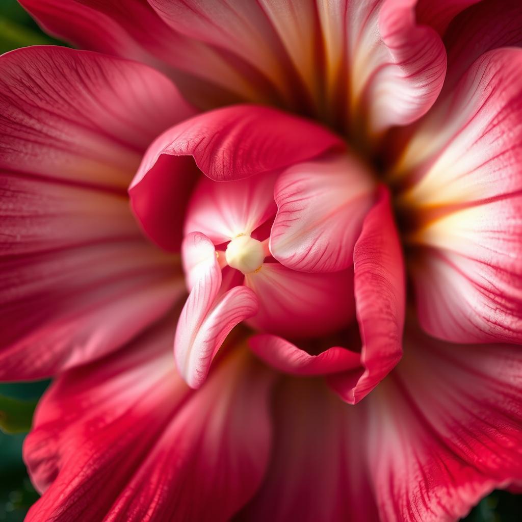 a close-up artistic depiction of a flower resembling the shape of a vagina, showcasing intricate details of petals, vibrant colors such as pink and red, and surrounded by green foliage, with soft lighting highlighting the textures and shapes, conveying a sense of beauty and femininity