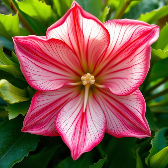 a close-up artistic depiction of a flower resembling the shape of a vagina, showcasing intricate details of petals, vibrant colors such as pink and red, and surrounded by green foliage, with soft lighting highlighting the textures and shapes, conveying a sense of beauty and femininity