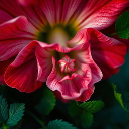 a close-up artistic depiction of a flower resembling the shape of a vagina, showcasing intricate details of petals, vibrant colors such as pink and red, and surrounded by green foliage, with soft lighting highlighting the textures and shapes, conveying a sense of beauty and femininity