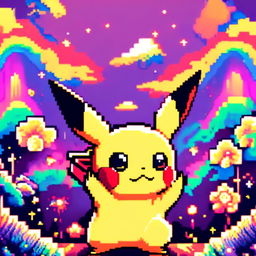 Pixel art profile picture featuring Pikachu against a cosmic background with a vibrant rainbow.