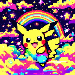 Pixel art profile picture featuring Pikachu against a cosmic background with a vibrant rainbow.