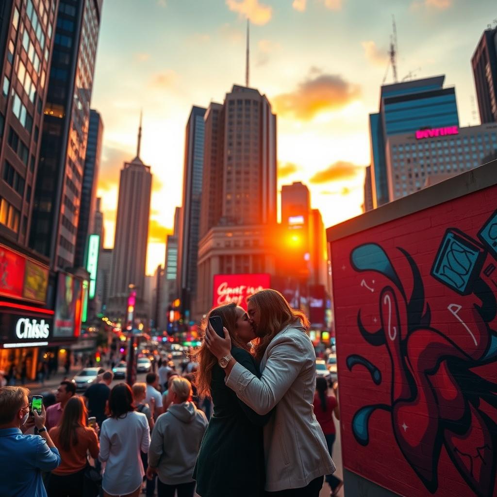 A dramatic scene set in a vibrant city, highlighting a glowing sunset with skyscrapers silhouetted against the fiery sky