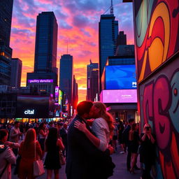 A dramatic scene set in a vibrant city, highlighting a glowing sunset with skyscrapers silhouetted against the fiery sky