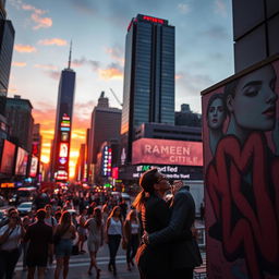 A dramatic scene set in a vibrant city, highlighting a glowing sunset with skyscrapers silhouetted against the fiery sky