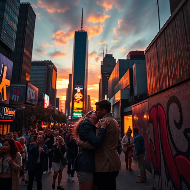 A dramatic scene set in a vibrant city, highlighting a glowing sunset with skyscrapers silhouetted against the fiery sky