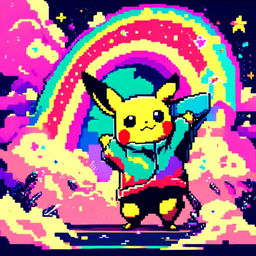 Pixel art profile picture featuring Pikachu against a cosmic background with a vibrant rainbow.