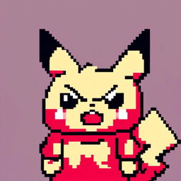 Pixel art profile picture of an angry Pikachu against a red background.