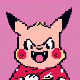 Pixel art profile picture of an angry Pikachu against a red background.