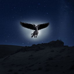 The winged Bovine Pegasus is now again gracefully leaping over a brightly lit full moon set against a mystic starry night sky.