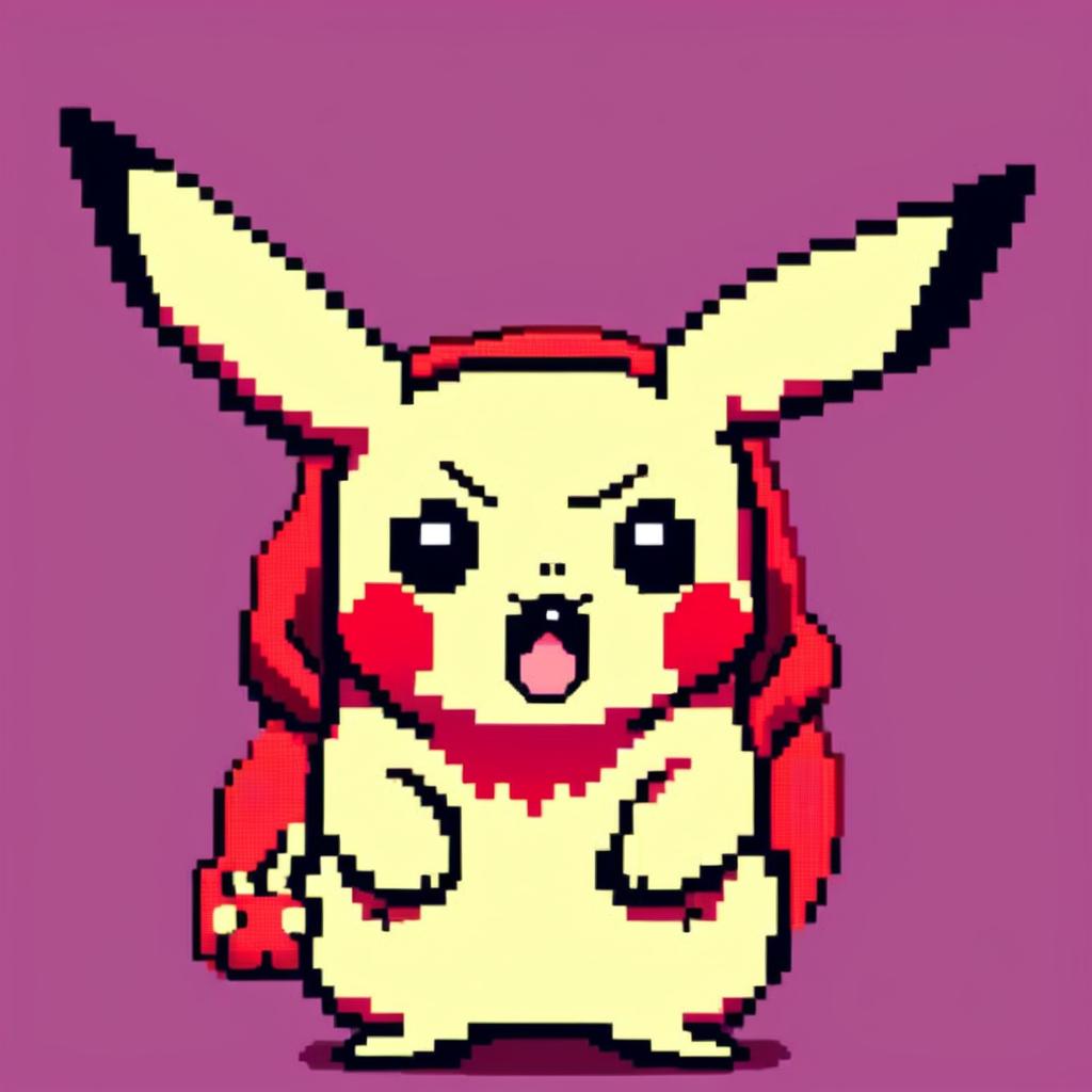 Pixel art profile picture of an angry Pikachu against a red background.