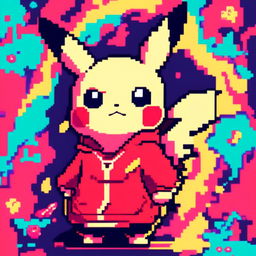 Pixel art profile picture of Pikachu against a vibrant red background.