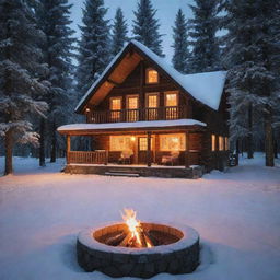 A cozy cabin in a snowy forest, a warm fire pit burning brightly in the chilly night.