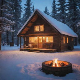 A cozy cabin in a snowy forest, a warm fire pit burning brightly in the chilly night.