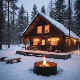 A cozy cabin in a snowy forest, a warm fire pit burning brightly in the chilly night.