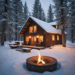 A cozy cabin in a snowy forest, a warm fire pit burning brightly in the chilly night.