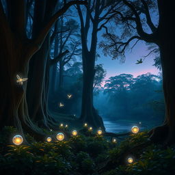 A mystical forest scene at twilight, with glowing magical orbs floating among ancient, tall trees
