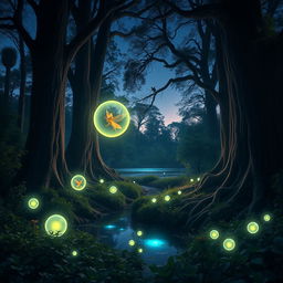 A mystical forest scene at twilight, with glowing magical orbs floating among ancient, tall trees