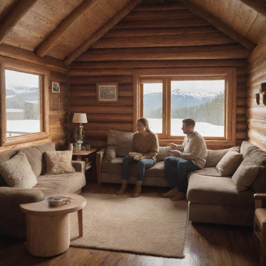 A couple sitting inside a wooden cabin, surrounded by wooden furniture, plush cushions on sofas, a beige rug, and a table with steaming hot coffee