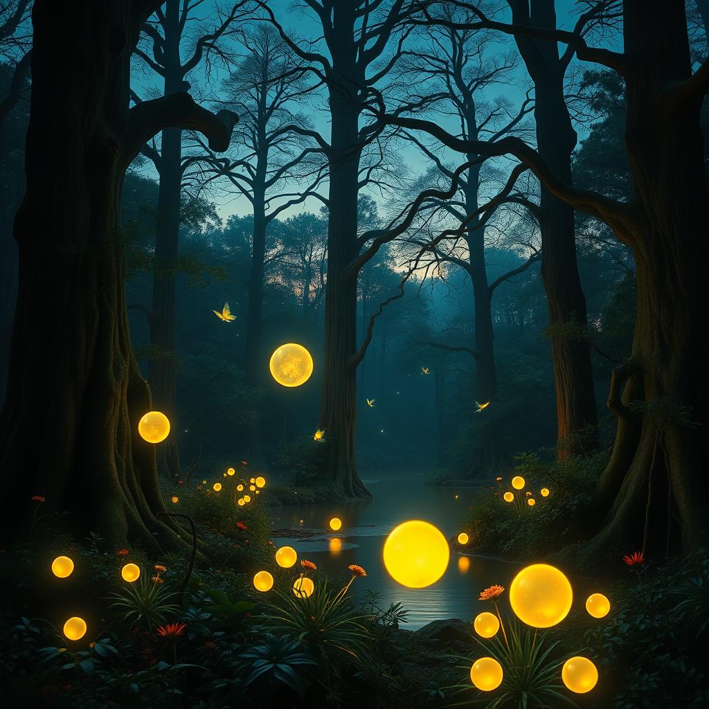 A mystical forest scene at twilight, with glowing magical orbs floating among ancient, tall trees