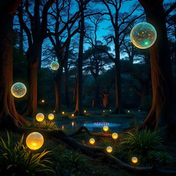 A mystical forest scene at twilight, with glowing magical orbs floating among ancient, tall trees