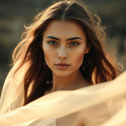 A serene and elegant portrayal of a young woman in a natural setting, embodying themes of beauty and freedom
