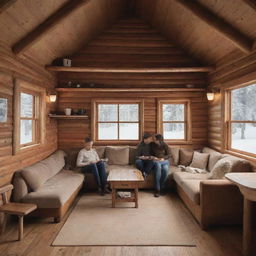 A couple sitting inside a wooden cabin, surrounded by wooden furniture, plush cushions on sofas, a beige rug, and a table with steaming hot coffee