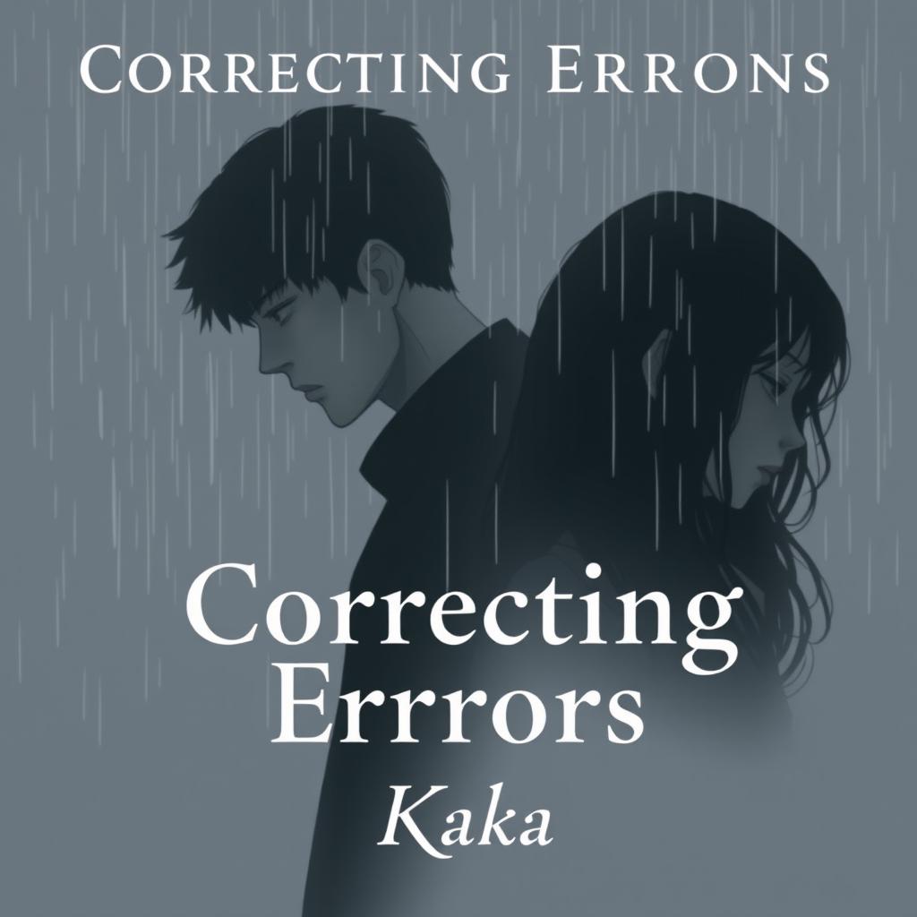 A novel cover for 'Correcting Errors', featuring a melancholic scene with a mysterious man and a woman