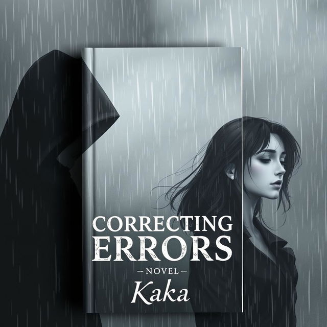 A novel cover for 'Correcting Errors', featuring a melancholic scene with a mysterious man and a woman