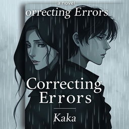 A novel cover for 'Correcting Errors', featuring a melancholic scene with a mysterious man and a woman