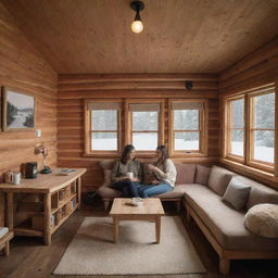 A couple sitting inside a wooden cabin, surrounded by wooden furniture, plush cushions on sofas, a beige rug, and a table with steaming hot coffee