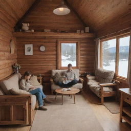 A couple sitting inside a wooden cabin, surrounded by wooden furniture, plush cushions on sofas, a beige rug, and a table with steaming hot coffee