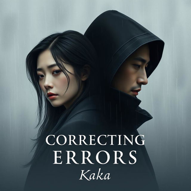 A novel cover for 'Correcting Errors', portraying a sorrowful scene with a woman and a mysterious man