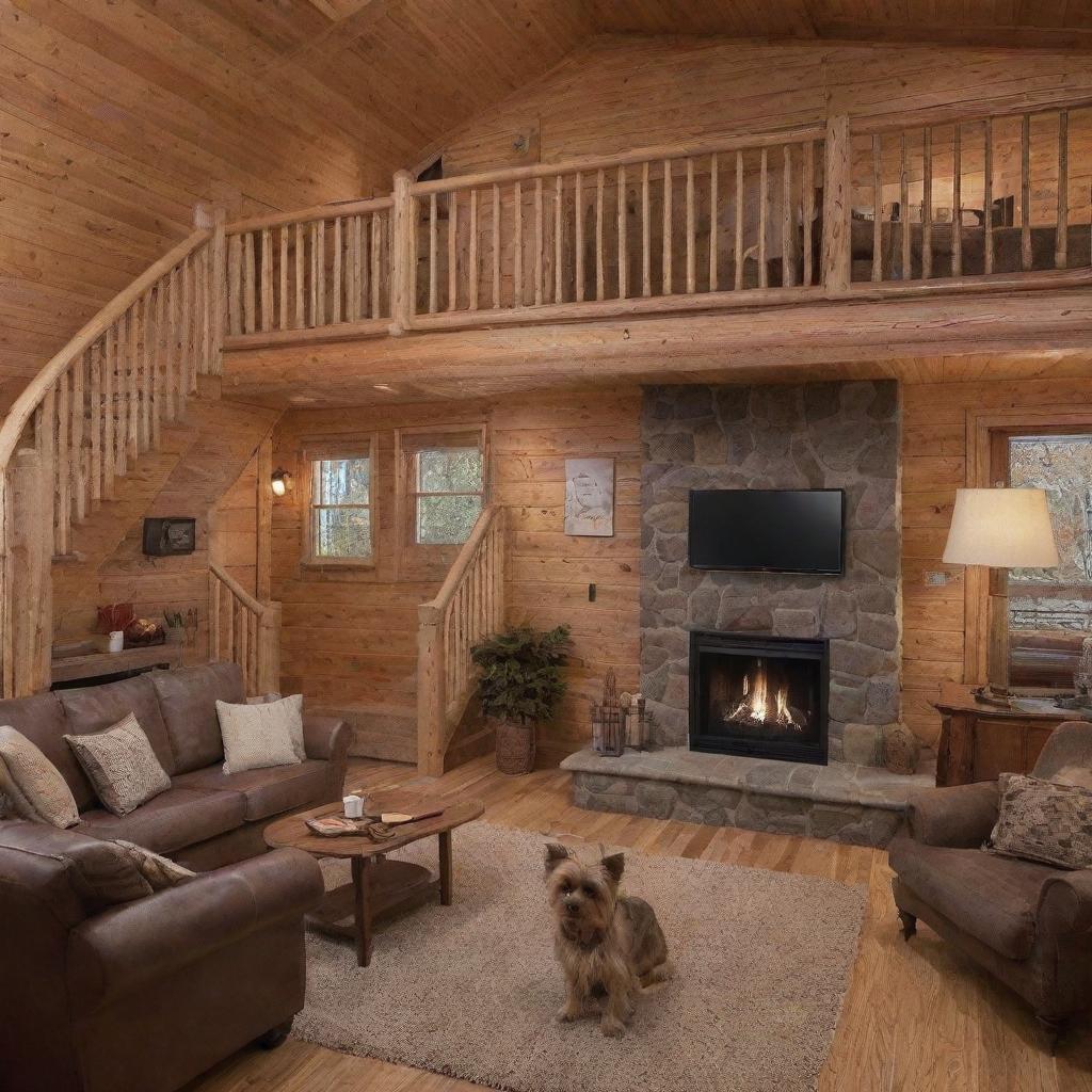 A couple inside a wooden cabin with a blazing fireplace