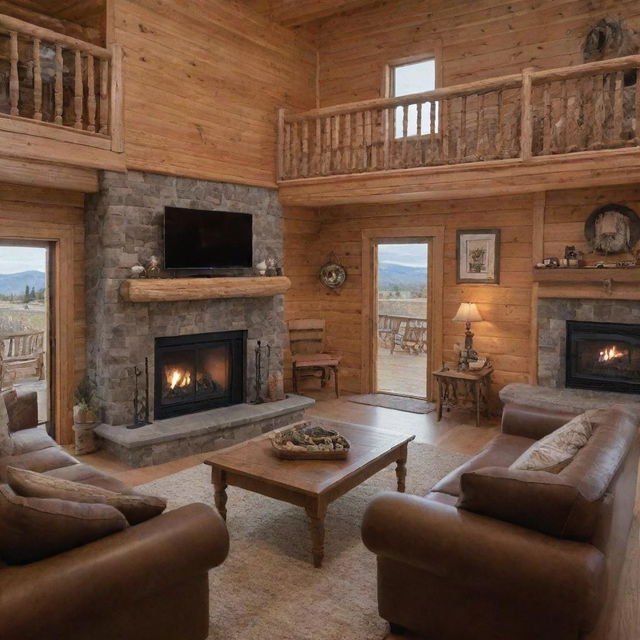 A couple inside a wooden cabin with a blazing fireplace