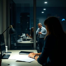 A shot from outside an office building at night, focusing on a woman working late at her desk, illuminated by the soft glow of her desk lamp