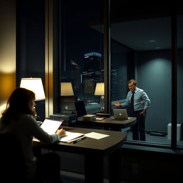 A shot from outside an office building at night, focusing on a woman working late at her desk, illuminated by the soft glow of her desk lamp