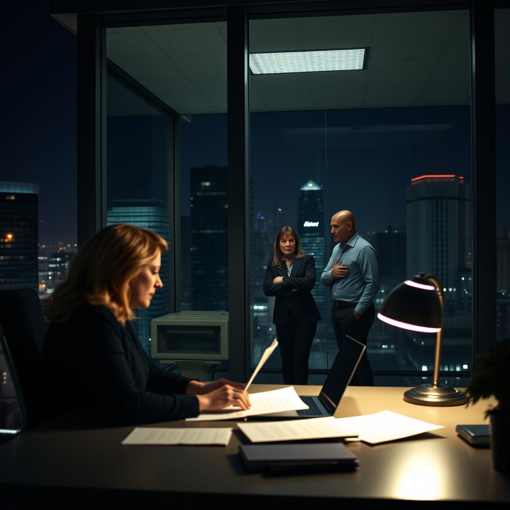 A shot from outside an office building at night, focusing on a woman working late at her desk, illuminated by the soft glow of her desk lamp