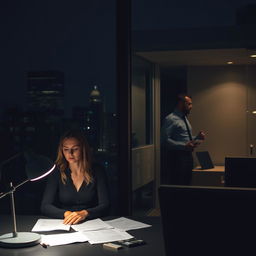 A shot from outside an office building at night, focusing on a woman working late at her desk, illuminated by the soft glow of her desk lamp