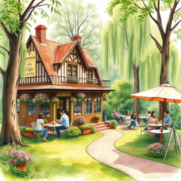 An enchanting old-style café nestled within a lush park, illustrated in a watercolor style