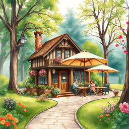 An enchanting old-style café nestled within a lush park, illustrated in a watercolor style