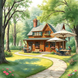An enchanting old-style café nestled within a lush park, illustrated in a watercolor style