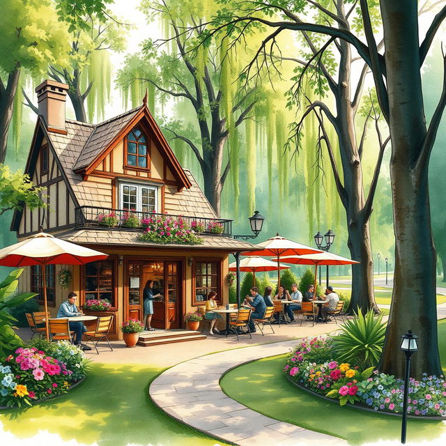 An enchanting old-style café nestled within a lush park, illustrated in a watercolor style