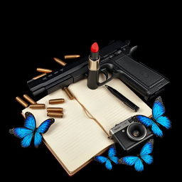 A visually compelling photo against a stark black background, embodying a dark theme through a carefully arranged collection of objects